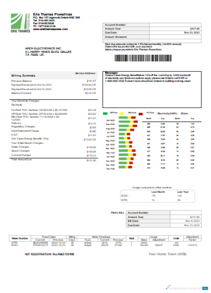 Download Erie Thames utility business bill, SCR Photoshop template